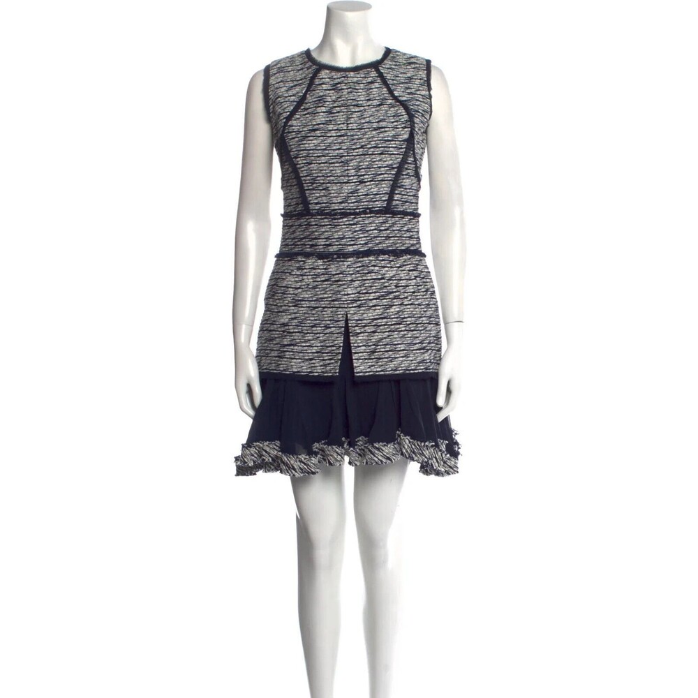 NWT. Oscar de la Renta silk-chiffon trimmed tweed dress Sz 0 blue - Picture 5 of 7
